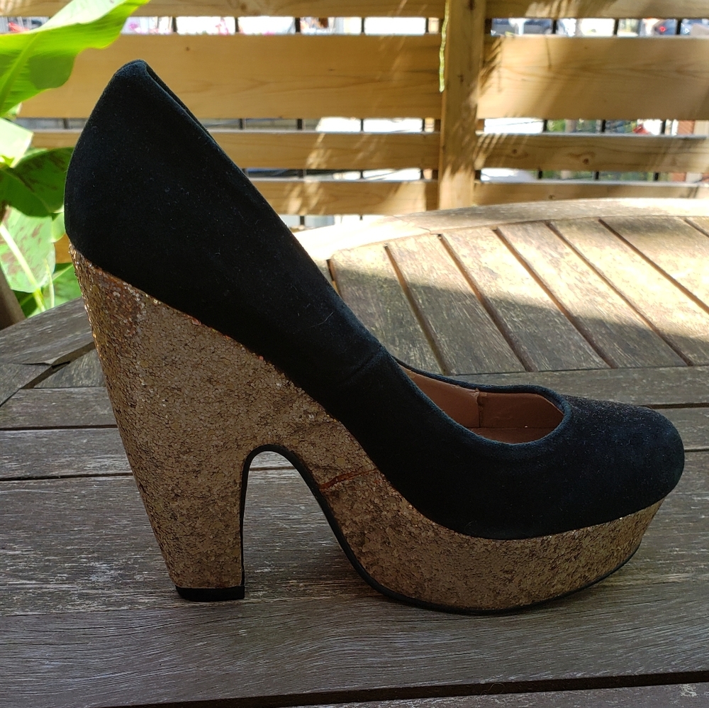 Shellys London Retro Gold Sparkle Glitter Platform Black Suede Pumps Retro 6
